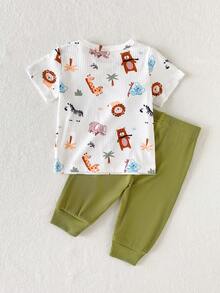 SHEIN Playful Pals 2件組 白色與軍綠色動物印花短袖圓領T恤附口袋 + 鬆緊腰長褲，休閒可愛極簡百搭套裝，適合夏季日常外出或室內穿著 - 綠色 - 查看 2