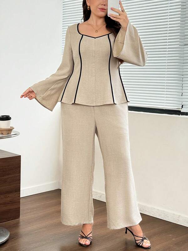 Comfylo Ensemble 2 pièces Chemise & Pantalon à Manches Cloche avec Bordure blocs de couleurs Grande Taille