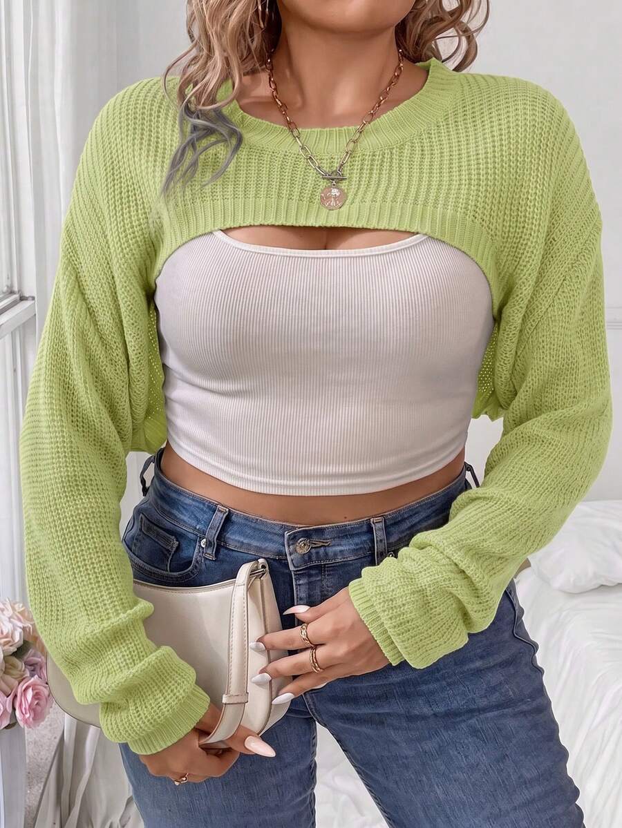 Elenzga Plus Size Women's Spring Asymmetrical Round Neck Loose Casual Knit Short Top, Pattern Machine Knit Daily Black Pullover Sweater - Green - View 1