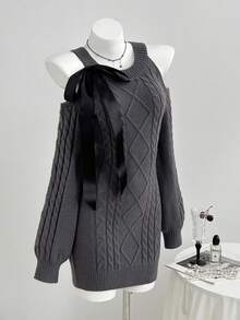 Elamini Gaun Sweater Rajut Motif Berlian dengan Bahu Terbuka, Cocok untuk Kencan Sehari-hari, Warna Abu-abu, Musim Gugur, Elegan - Dark Grey - View 3