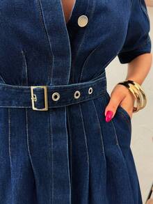 EURMUSE Vestido largo de mezclilla rígido con detalles de falda con volantes - Azul lavado oscuro - Ver 8