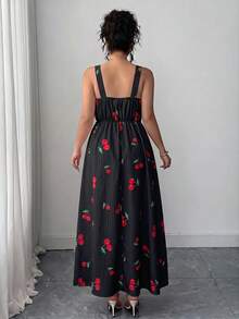Elenzga Plus Size Women Cherry Print Ruffle Hem Cami Dress - Black - View 2