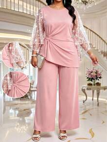 SHEIN Lady Plus Size Elegant Party Sequin Mesh Patchwork Top & Pants 2 Pieces Set - Baby Pink - View 1