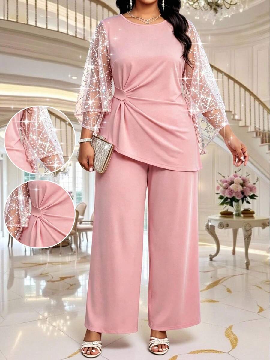 SHEIN Lady Plus Size Elegant Party Sequin Mesh Patchwork Top & Pants 2 Pieces Set - Baby Pink - View 1