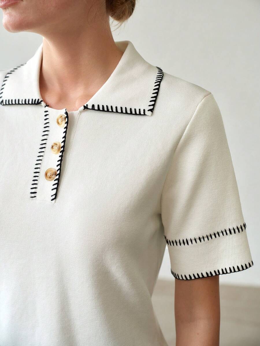 MOTF PREMIUM WOMEN'S CONTRAST STITCH TRIM POLO COLLAR SHORT SLEEVE KNIT TOP - White - View 2