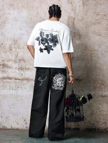 Skyrend Grunge Goth Y2K 风格男士休闲刺绣宽松阔腿牛仔裤，四季皆宜，时尚街头风，适合工作、通勤、舞台表演、朋友聚会、户外活动等场合。 - 黑色 - 查看 8
