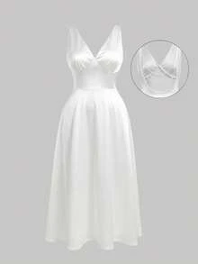 SHEIN MOD Plus Size Women White Satin Faux Pearl Chain Decor Backless Mid-Length Dress,Spring /Summer Outfits - White - View 2