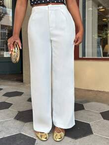 Alexandranx Einfarbige lässige Vintage Baggy Palazzo Hose mit Taschen, Damen Frühling Sommer weite Bein Anzughose, Damen Anzughose Business Kleidung Weiß - Weiss - Übersicht 6