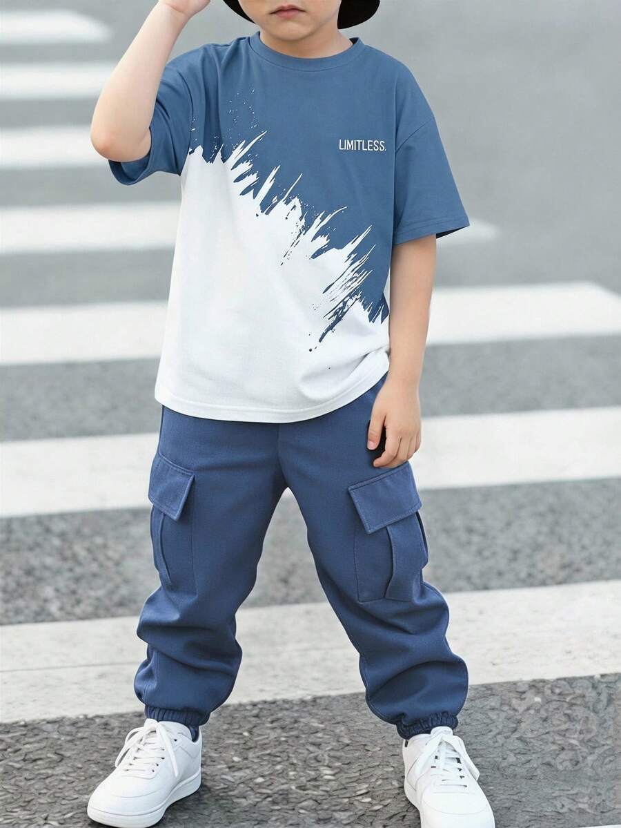2件組 青少年男孩酷炫趣味英文標語漸層滿版印花時尚圓領短袖T恤與工裝褲套裝,適合假期派對、春夏休閒舒適、夏季首選時尚休閒穿搭、春夏街頭風、返校派對休閒穿搭,適合戶外野餐 - 彩色 - 查看 1