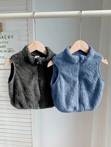 SHEIN 嬰兒男孩嬰兒女孩秋冬可愛百搭 2件套 絨毛素色背心外套大衣 - 彩色 - View 4
