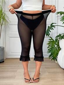 SHEIN EZwear 大尺碼時尚透視性感荷葉邊下擺短款緊身褲 - 黑色 - 查看 5