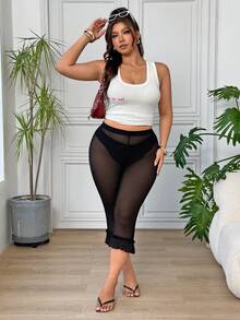 SHEIN EZwear 大尺碼時尚透視性感荷葉邊下擺短款緊身褲 - 黑色 - 查看 6