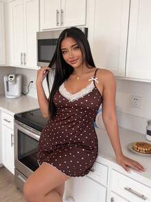 ZzzCrew Chocolate Brown Contrast Lace V-Neck Backless Plus Size Camisole Nightgown Night Lounge Summer - Chocolate Brown - View 1
