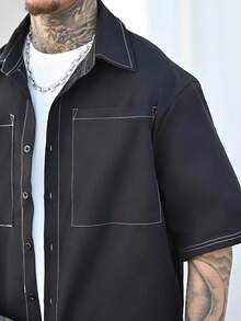 Devon Thys 男士夏季休闲日常通勤时尚街头撞色缝线口袋短袖衬衫和抽绳腰短裤套装 - 黑色 - 查看 6