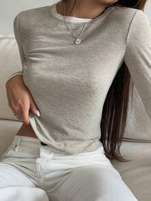 DAZY 女款拼接撞色 2 合 1 分層圓領長袖休閒街頭度假風春夏秋基礎層 T 恤校園穿搭 - 杏色 - 查看 5