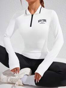 SHEIN Sovereign Charm 女式前拉链长袖休闲字母印花运动 Polo 衫 - 白色 - 查看 6