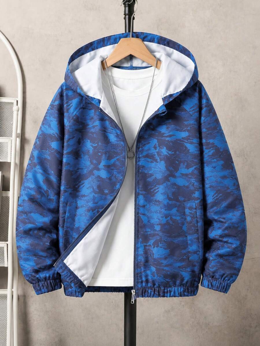 SHEIN 青少年男孩全印花長袖拉鍊連帽外套 - 藍色 - 查看 1