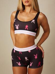Missguided x Playboy Bralette 與四角短褲套裝，滿版兔子 Logo 印花，品牌彈性腰帶 - 黑色 - 查看 2