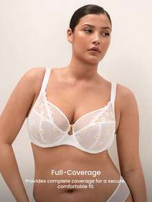 LUVLETTE Plus Daisy Embroidered Elegance Lingerie Lounge Curve Full Coverage Breathable Unlined Floral Lace White Sheer Minimizer Mesh Bridal Intimates Bra - White - View 6