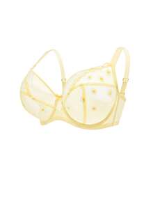 LUVLETTE Plus Daisy Embroidered Elegance Lingerie Lounge Curve Full Coverage Breathable Unlined Floral Lace Yellow Sheer Minimizer Mesh Intimates Bra - Yellow - View 6