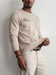 Manfinity VCAY Áo nỉ cổ tròn dệt kim dài tay in khẩu hiệu thường ngày dành cho nam - Màu Khaki - Xem 4