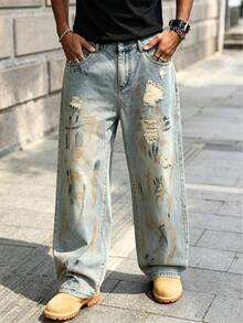 Manfinity EMRG Men's American Street Style Street Wear Paint Splatter Distressed Denim Jeans For Daily Wear Rave Light Blue Autumn - Multicolor - View 5