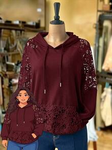 Rusticease Sudadera con capucha de talla grande, unicolor con patchwork de encaje - Burdeos - Ver 3