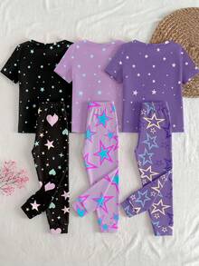 【隨機發送1套】女嬰春夏時尚酷感K-POP女團圖案印花 淺粉色與紫色清新配色 針織面料 舒適柔軟 高彈力 修身 UV光感發光圓領短袖長褲兩件套家居服睡衣 - 彩色 - 查看 2