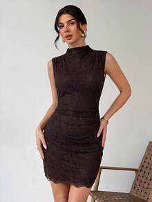 Firerie Vestido mini ajustado de verano elegante de unicolor con encaje y fruncido - Café integral - Ver 1