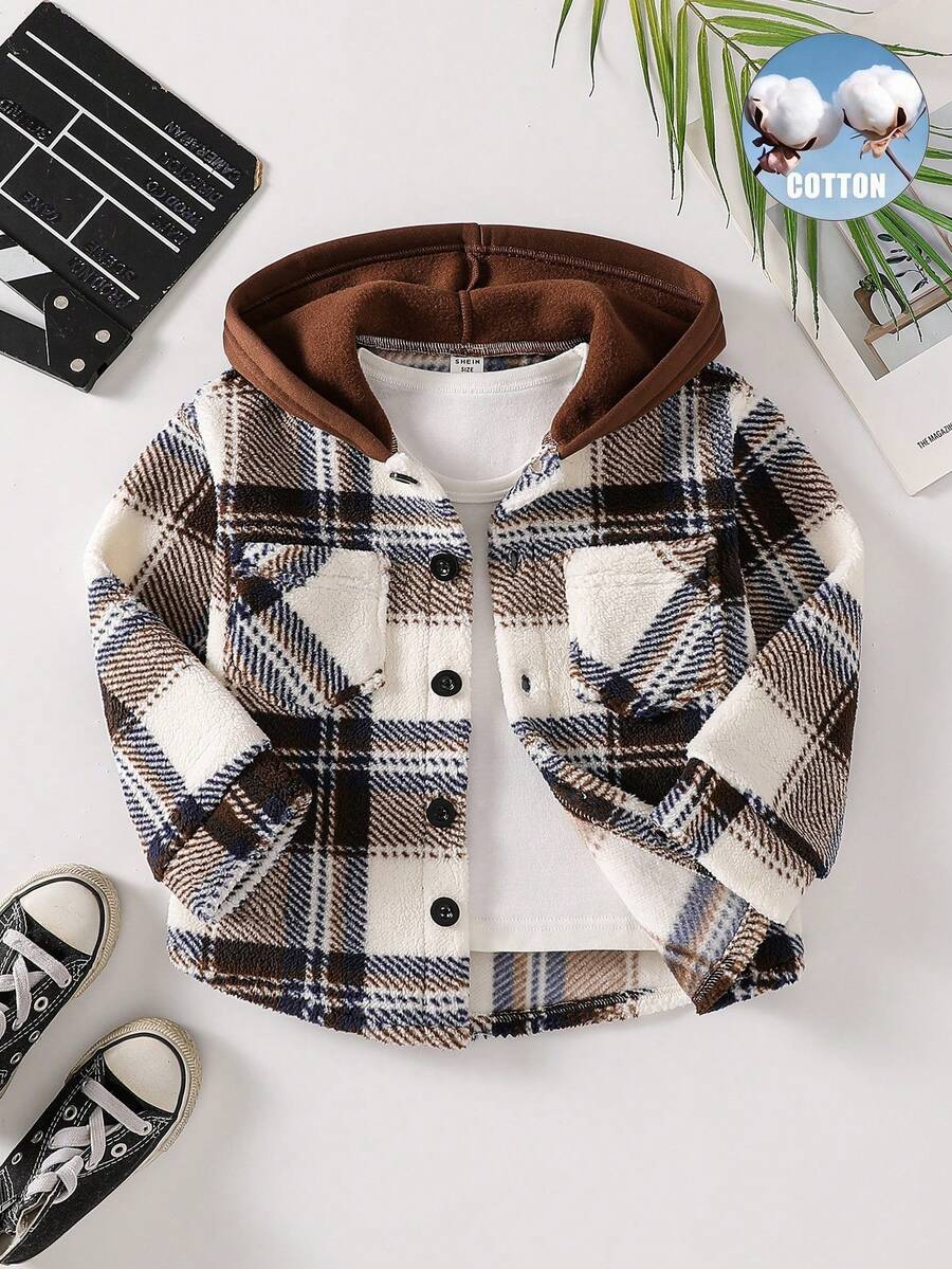SHEIN Genkimix Kids Boys Plaid Pattern Hooded Shacket, Spring/Autumn - Brown - View 1