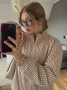 SHEIN EZwear 女款休閒格紋梭織夾克 - 咖啡棕 - 查看 12