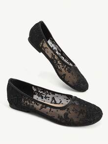 CUCCOO CHICEST Branches And Leaves Embroidered Round Toe Flats, Gentle Style Mesh Yarn Low Vamp Shoes, Commuting Dating Breathable Women's Shoes - Black - View 4