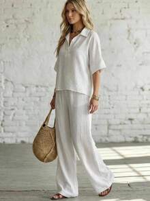Livesso Women's 2 Pieces Set With Collared Short Sleeve White Loose Linen Fabric Vacation Style Top And Wide Leg Pants Summer Lounge Sets For Women - White - View 3