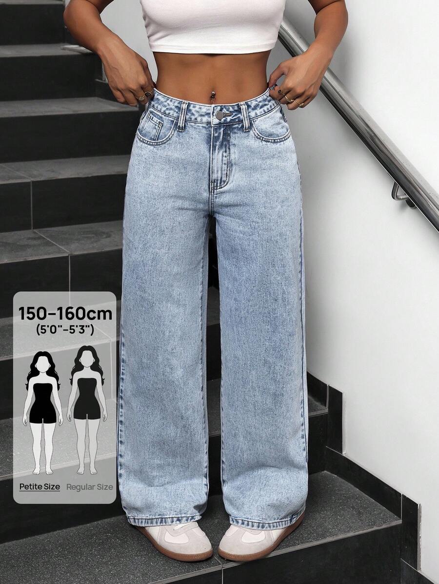 SHEIN PETITE 女款時尚百搭水洗斜口袋寬鬆寬腿男友風牛仔長褲,適合嬌小女性 - 藍色 - 查看 1