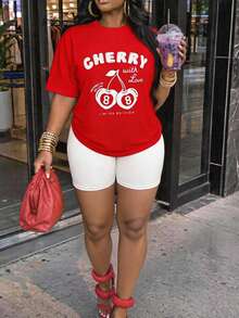 SHEIN SXY Two-Piece Set White High-Elasticity Knit Crew Neck Oversize Cowboy Casual T-Shirt Cherry Print High-Waist Leggings Holiday Summer Gym - Red and White - View 1