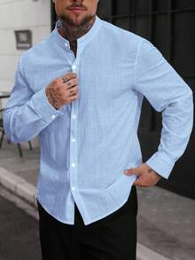 Manfinity Homme Men's Solid Color Single-Breasted Casual Versatile Daily Wear Shirt, Formal - Baby Blue - View 5