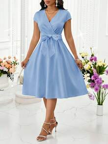 SHEIN Lady 女士优雅办公中长连衣裙，蓝色 - 藍色 - 查看 6