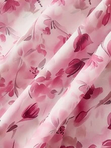 SHEIN MOD 粉色花卉蝴蝶結抓皺修身傘擺長洋裝 - 粉色 - 查看 7