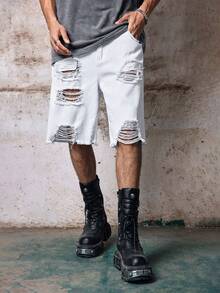 Skyrend 男士休閒夏季純色破洞牛仔短褲 Jorts 哥德龐克街頭風 Emo 男孩穿搭 - 白色 - 查看 1
