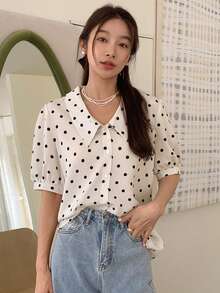 DAZY Polka Dot Puff Sleeve Blouse - Beige - View 5