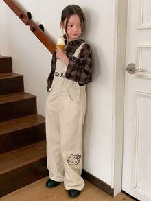 HELLO KITTY | DAZY Loose Fit Sleeveless KT Cat Denim Overall Jumpsuit For Tween Girls Fall - Apricot - View 4