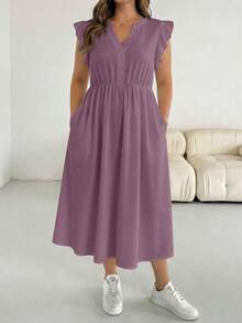 SHEIN Essnce Plus Size Solid Color Button Pleated Pocket Dress For Vacation - Multicolor - View 1