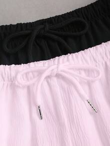SHEIN PETITE 女款黑白配色純色直筒長褲 2件套 - 粉色 - 查看 5