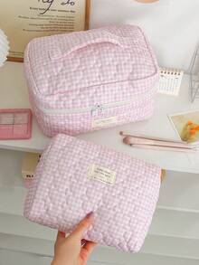 1pc Pink Plaid Quilted Cosmetic Bag – Large Capacity Travel Toiletry Organizer, Makeup Brush Storage Pouch For Vacation - Pink - View 7