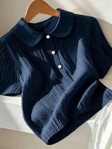 Elenzga Plus Size Women's Fashion Casual Lapel Pearl Button Short-Sleeve T-Shirt, Summer Outfit, Solid Color Navy Blue Top Bussines Office - Blue - View 7