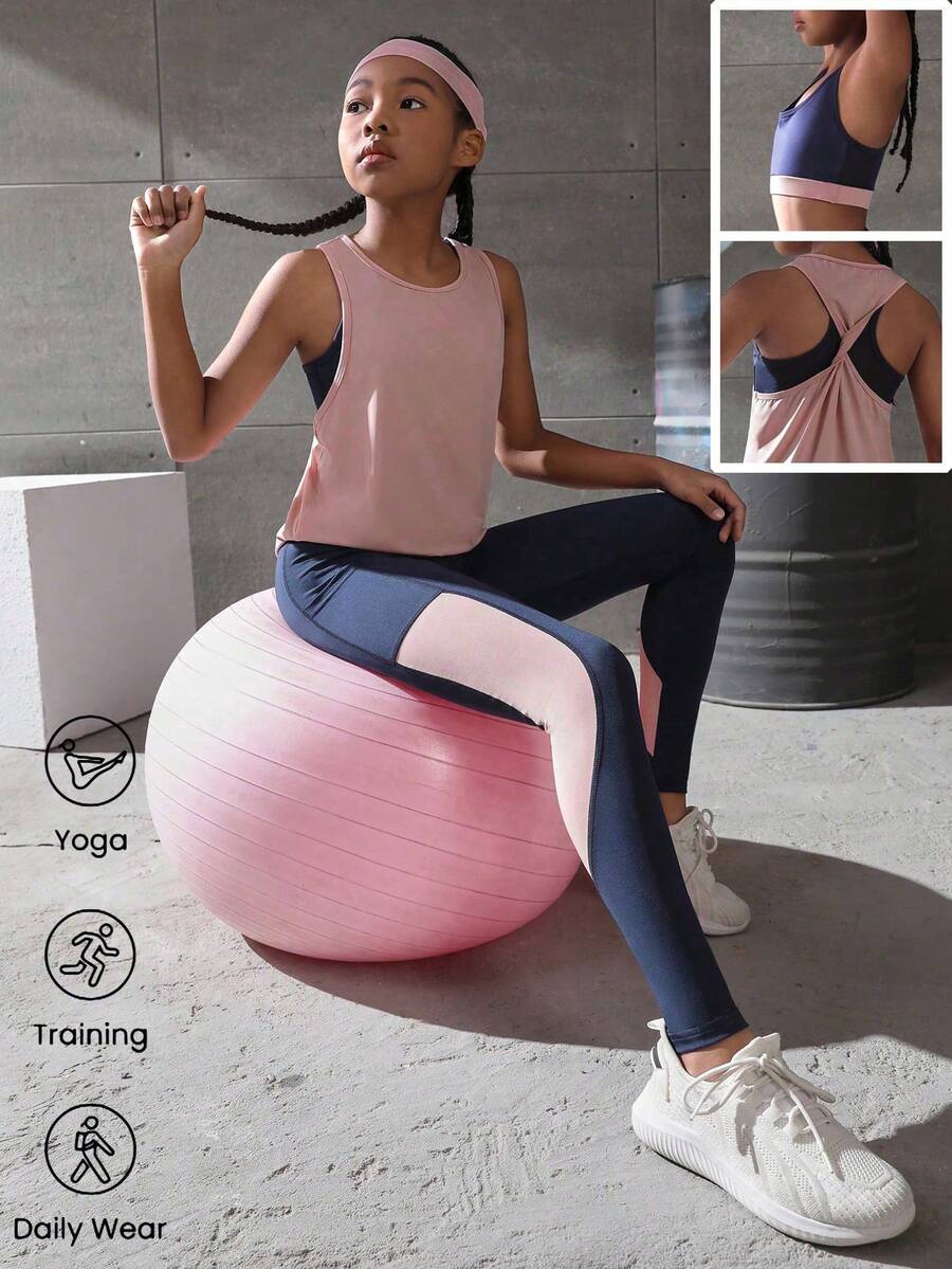 SHEIN Tween Girls' 3pcs Blue & Pink Spliced Sports Set, Suitable For Indoor And Outdoor Activities Such As Running, Cycling, Etc. - Multicolor - View 1