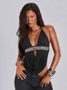 ACID BLVD Spring/Summer Y2K Retro Hot Girl Party Outfit: Spliced Rivet-Decorated Deep V Halter Top With Draped Waist Cutouts - Black - View 7
