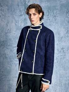 ROMWE MEN Men's Colorblock Stand Collar Fashion Versatile Casual Jacket - Blue - View 5