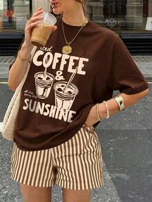 Sundraya 女款夏季字母印花短袖上衣與條紋短褲休閒日常兩件套 - 棕色 - 查看 3