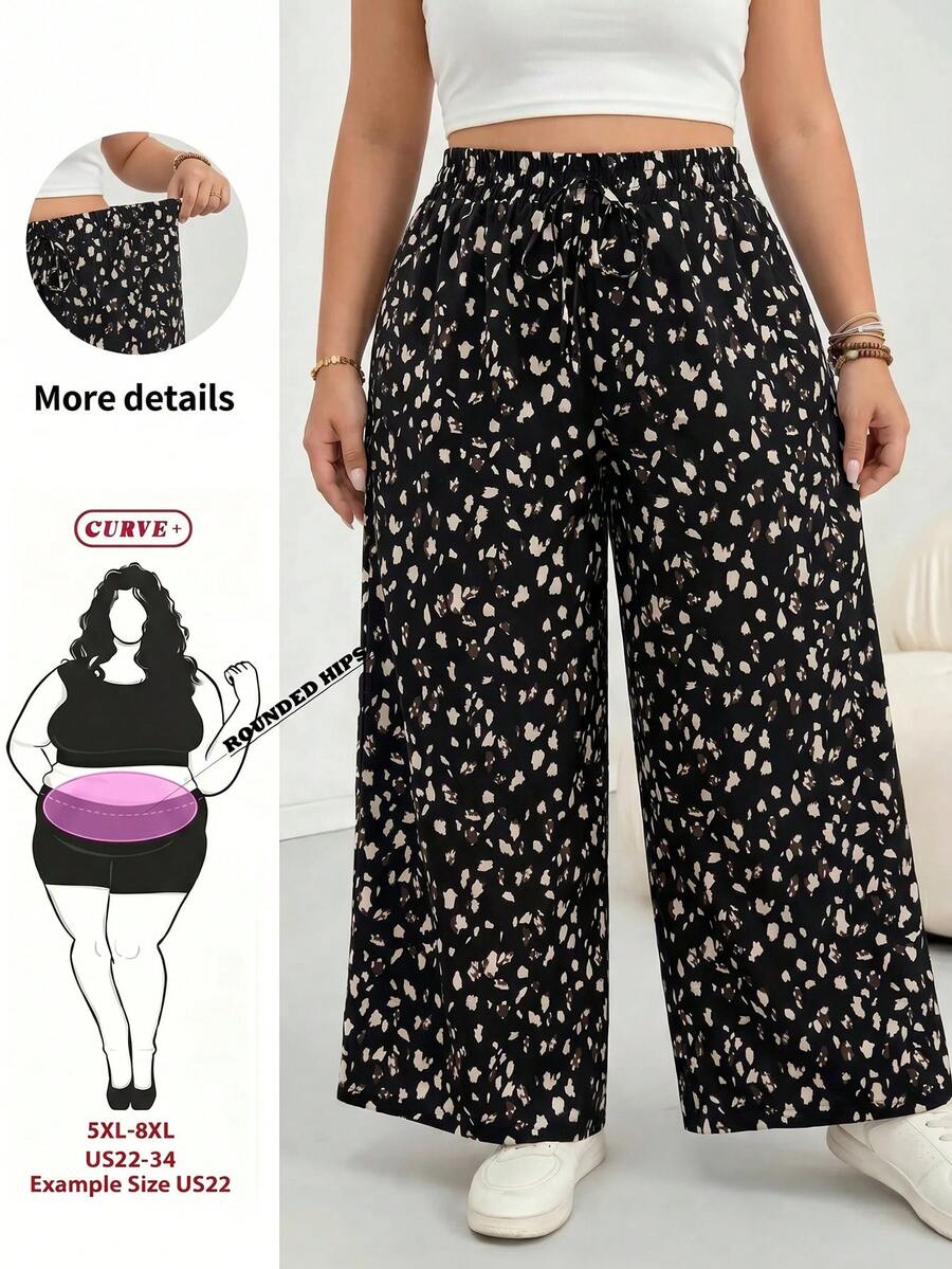 SHEIN CURVE+ 大码女式印花抽绳阔腿裤